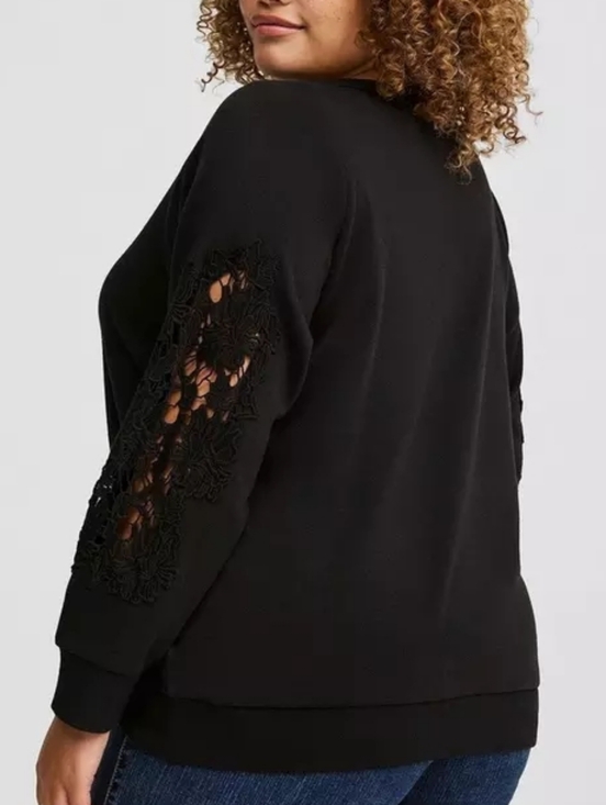 5X • Torrid • Cozy Fleece V-Neck Sweatshirt with Crochet Lace Sleeve Detail - Picture 2 of 4